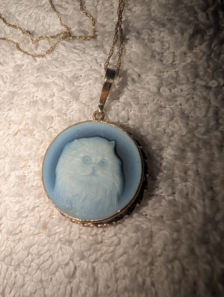 Onyx Cat Round Cameo Blue White Round Pendant 14K Gold Surround 3.6 G