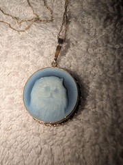 Onyx Cat Round Cameo Blue White Round Pendant 14K Gold Surround 3.6 G