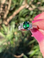 Vintage GIA 2.46ctw Natural Green Cushion Cut Tsavorite Diamond Platinum Ring