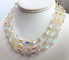 Haskell? AB triple strand,crystal,tapered baguette,vintage necklace,earrings,set