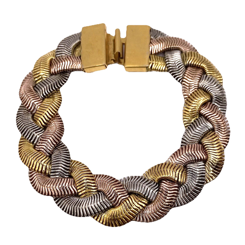 VTG MONET Omega Braided Tri-Color Chain Bracelet 7.5″ Gold Silver & Rose Tone
