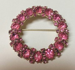 WEISS Circle Brooch & Earrings Set~Pink Austrian Crystal Rhinestones~VTG Jewelry