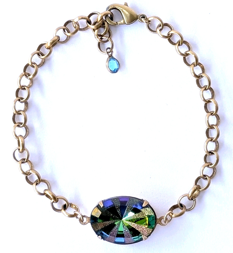 ​Vtg Czech Vitrail Rhinestone Adjustable Length Bracelet Antique Brass Chain