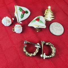 MCM Enamel Christmas Jewelry Lot Clip On Earrings Tree Pin Santa Bells Holiday