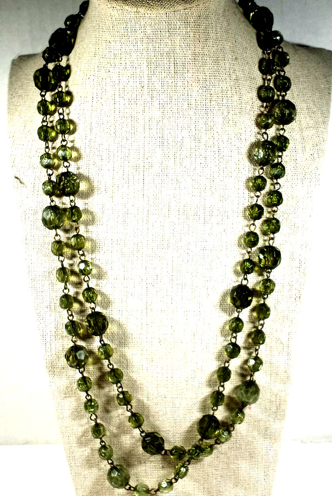 Vintage 50″ Bottle Green Acrylic Faceted Crystals Necklace shown doubled