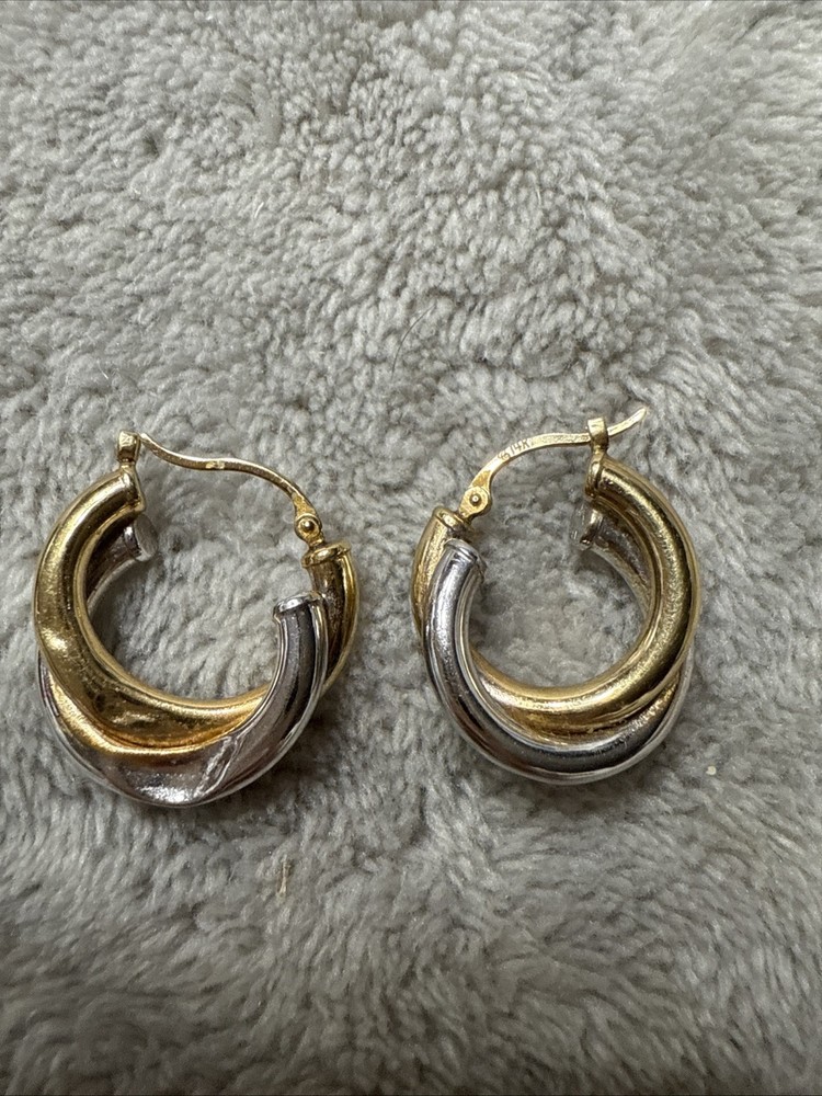 14K Yellow & White Gold Double Twisted Hoop Pierced Earrings Carla Scrap 2 g