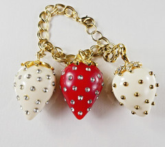 Vintage Strawberry Charm Bracelet 3 Large Charms Red White Gold Tone Double Link