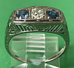 18k White Gold Art Deco Natural European Cut Diamond & Sapphire Ring