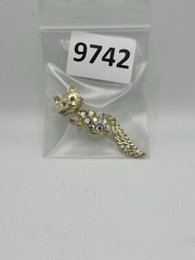 Bejeweled Feline Brooch Gold Tone With Man Made Aurora Borealis And Red Stones