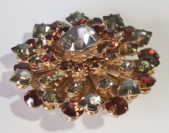 Vintage Gold-tone Layered Brooch w/ Smoky Topaz- & Gray-Green Colored Rhinestone