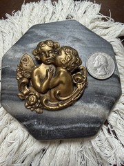 Art Nouveau Repousse Style Young Angels Putti Cupid Flowers Pin Brooch 2.25in