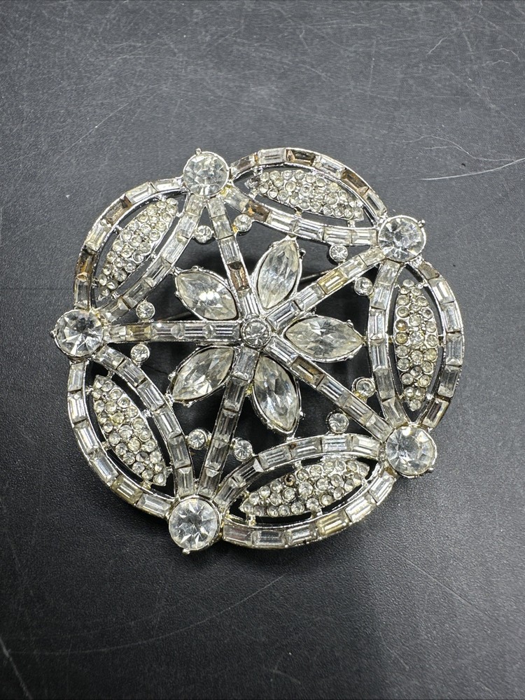 UNSIGNED BEAUTY Vintage Art Deco Clear Rhinestone Crystal LARGE Brooch PIN Read