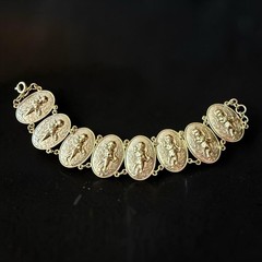 Cherub Panel Link Bracelet Victorian Revival Gold Tone Putti Figural 7 Inch