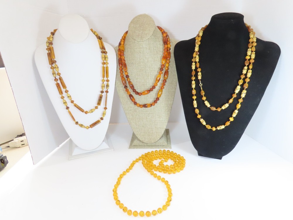 Vintage Necklace Lot Beaded Lucite + Tribal 23-26″ Yellow Butterscotch D1887
