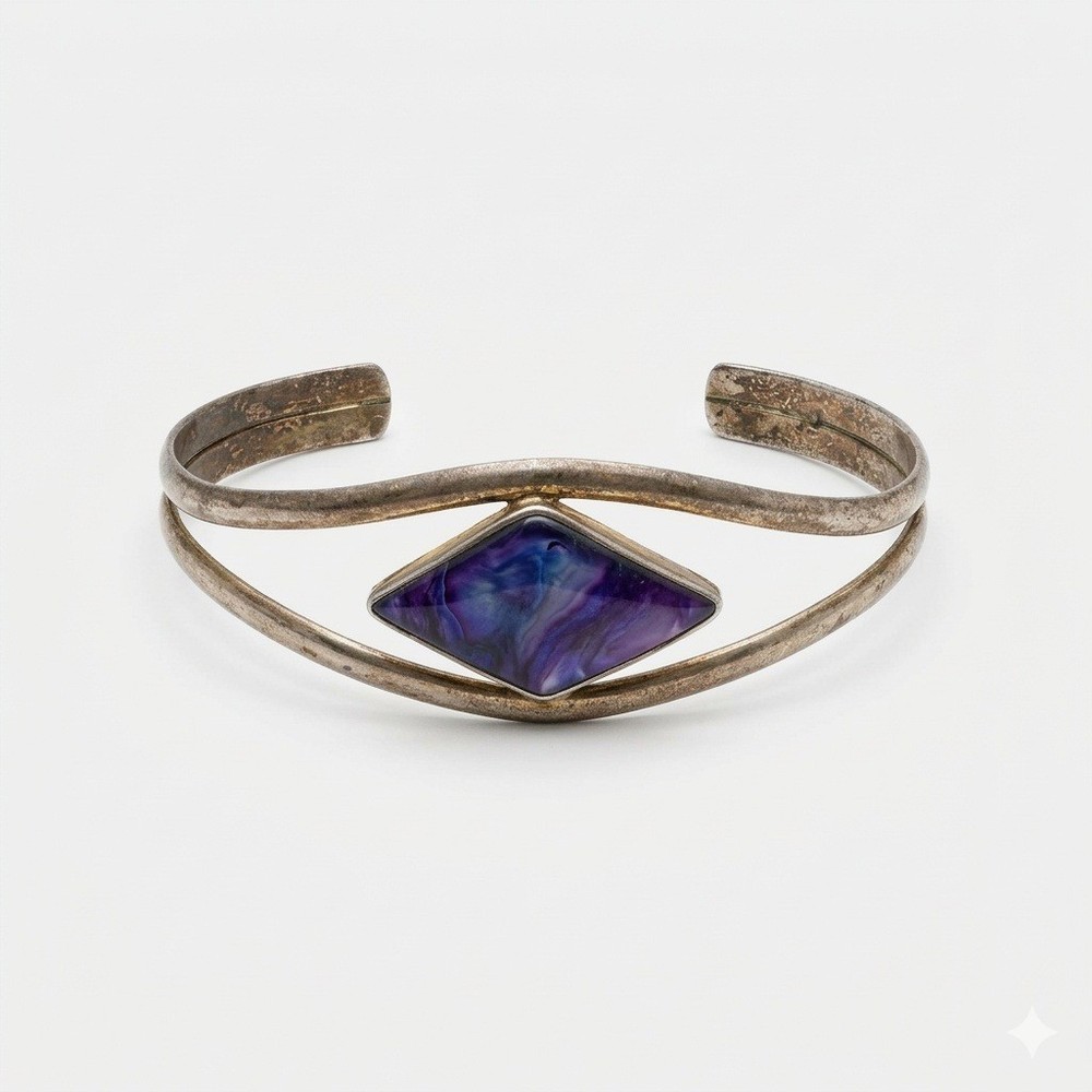 Vintage Sterling Silver Abalone Shell Cuff Bracelet Purple Inlay Boho 925 Signed