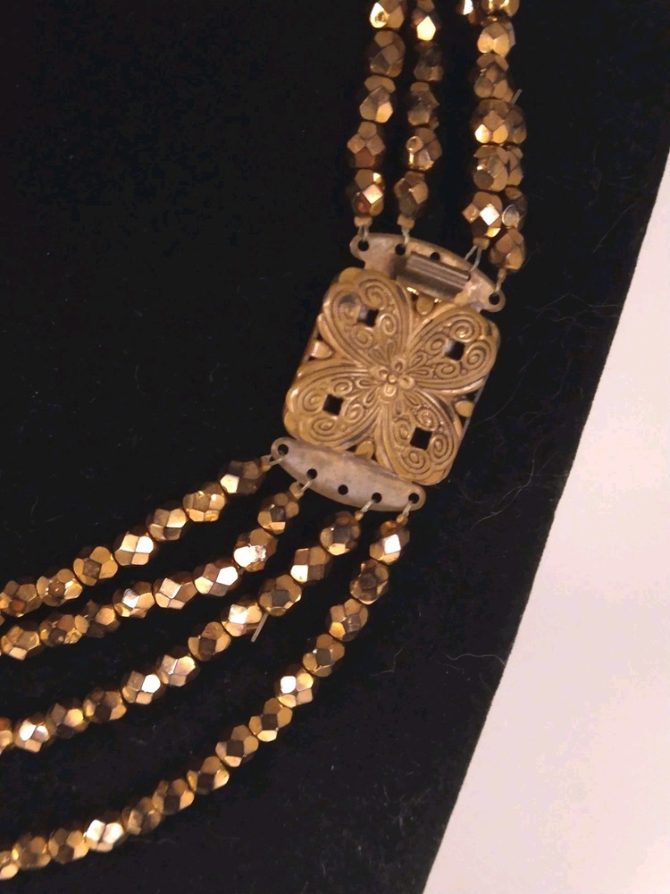 Antique Gold Glass Crystal Diamond Cut Bead Necklace 4 Strand 1910 -1920 Rare