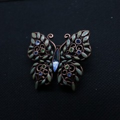 Butterfly Brooch Rhinestone Enamel Copper Open Work Metal Vintage