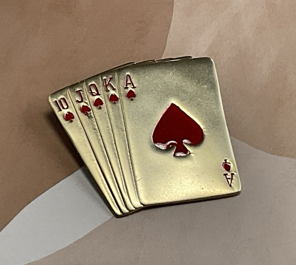 Vintage Gold Tone Royal Flush Playing Cards Brooch Pin 2″ x 1-3/4″