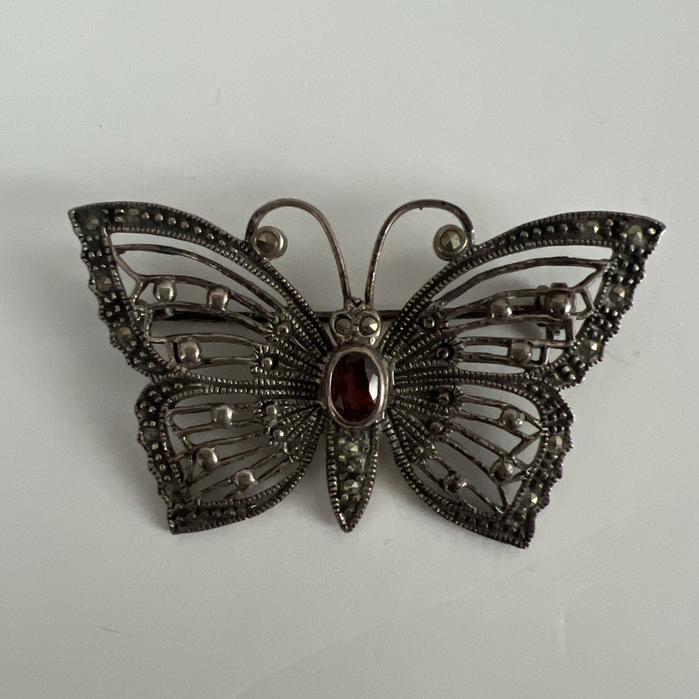 STERLING ( 925 ) BUTTERFLY BROOCH PIN WITH RED STONE & MARCASITES