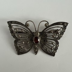 STERLING ( 925 ) BUTTERFLY BROOCH PIN WITH RED STONE & MARCASITES