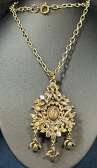 Vintage 60s Hollycraft Ornate Rhinestone Necklace Pendant Yellow Brown Gold Tone