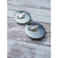 Vintage Clip On Earrings – 1 & 5/8″ Silver Tone & Green with Design Large