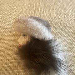 Vintage 80s Lady Face & Fur Hair Brooch Pin Glam