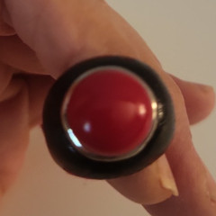 Vintage Lanvin Paris Red Enamel Round Stone Silver & Black Tone Ring Size 6