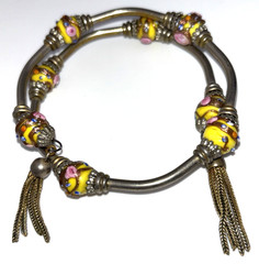 Vintage Silver Tone Expandable Bracelet Murano Wedding Cake Beads and Tassels