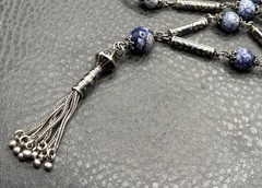 VTG Sterling Silver Tassel Blue Stone Niello Foxtail Chain Boho Necklace 26” 60g