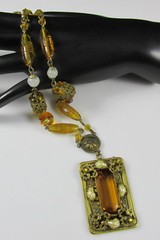 Old Czechoslovakia Art Glass Amber&Brass Beaded Necklace Large Filigree Pendant