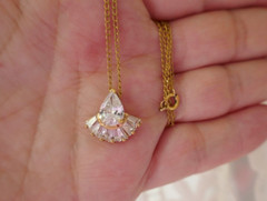 VTG Necklace Pear CZ w Tapered Baguette Fan Bottom Pendant on 18″ 12KT GF Cable