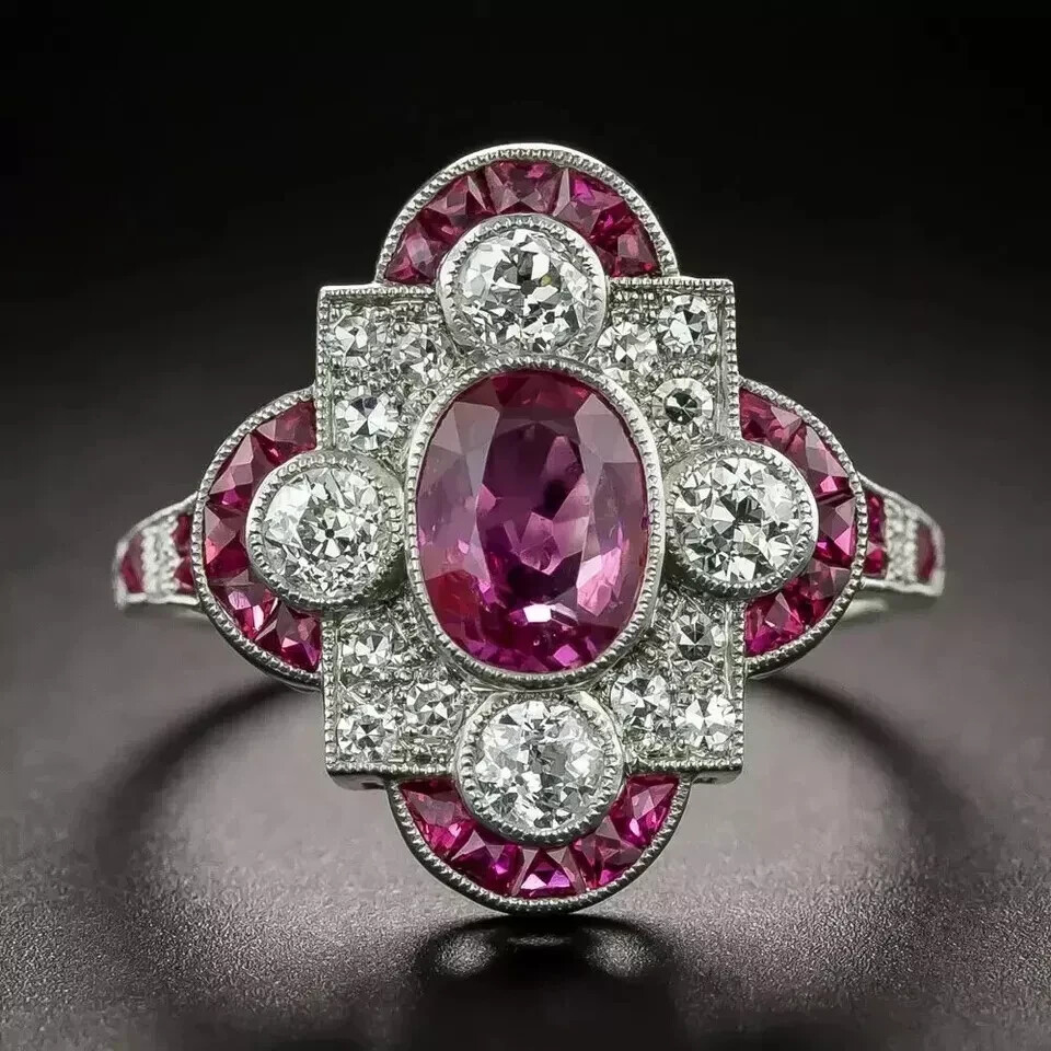 Art Deco Style Lab Created Diamond & Ruby Engagement 14K White Gold Finish Ring