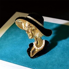 KAWADU Vintage Alloy Rhinestone Brooch Painting Oil Black Sun Hat Pretty Lady…