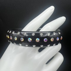 Vintage Black Acrylic Lucite AB Rhinestones Domed Bangle Bracelet Size 8″