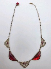 Vintage Czechoslovakia Red Faceted Glass W/Red Enamel Filigree Goldtone Necklace