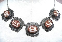 FABULOUS RARE ANTIQUE STERLING 800 SHELL CAMEO CANNETILLE CUPID CHARIOT NECKLACE