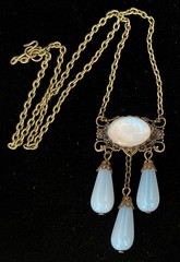 Vintage Necklace Chandelier Etruscan Style Pendant W Antique Opalite Czech Glass