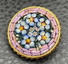 Vintage Italy Micro Mosaic Floral Daisy Brooch Pink Blue Gold Tone