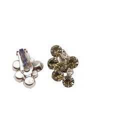 Vintage Rhinestone Floral Clip-On Earrings With Smoky Gray & Clear Crystals