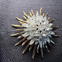 Art Deco Two Tone Rhinestone Starburst Brooch Missing Stones