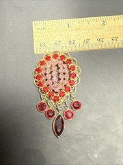Vintage Gold Tone Red And Pink Dangling Lace Border Brooch
