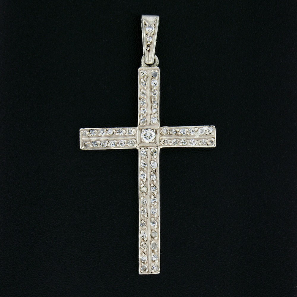 Vintage Unisex Silver & 18k Gold 0.66ctw Old Cut Pave Set Diamond Cross Pendant
