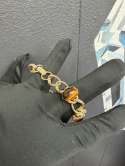 Vintage Gold Plated Filigree Engraved Bracelet Tiger Eye Cabochon 7 1/4”