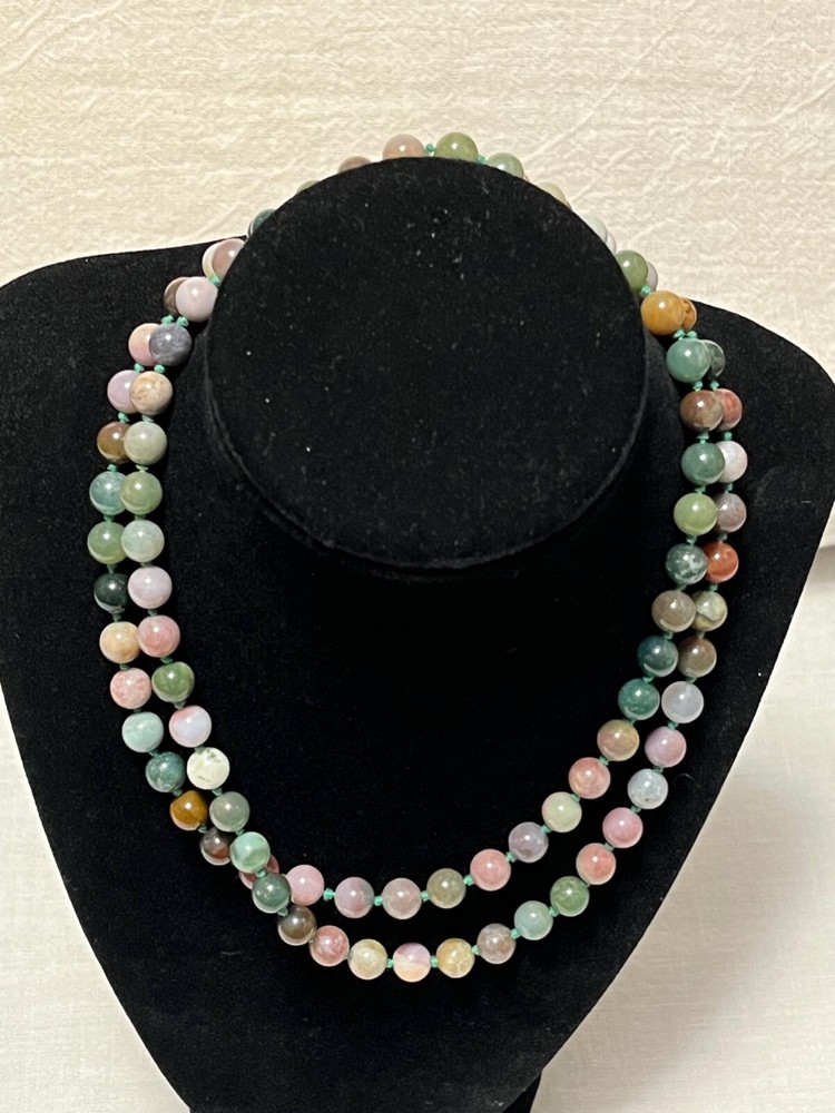 1980’s hand knotted green multicolored agate beads no clasp 33 in necklace