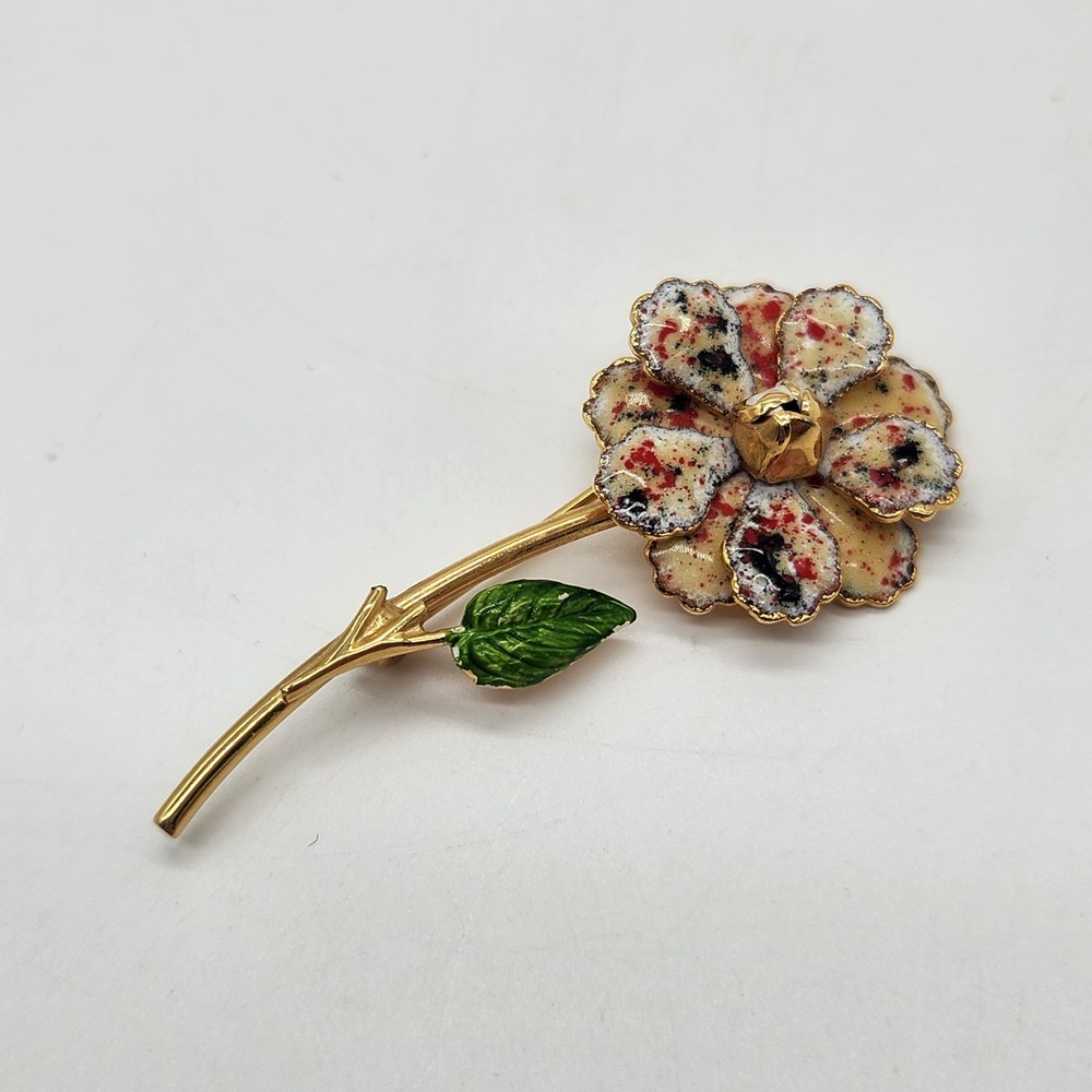 Vintage Enamel Flower Pin Mottled Speckled Rose Gold Tone Stem Green Leaves