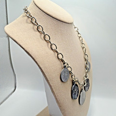 Vintage Coin Charm Necklace Grechian Silver Toned Size 18.5”