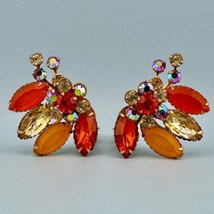Vintage Rhinestone Clip On Earrings Orange Yellow Frosted Lucite Flower Climbers