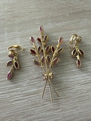 Pink Rhinestone Bouquet Brooch Earrings Set Vintage Mid Century Modern