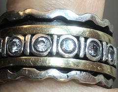 b49. Vintage Sterling Silver Brass CZ Crystal Spinner Band Ring Size 6.75. 15.5g